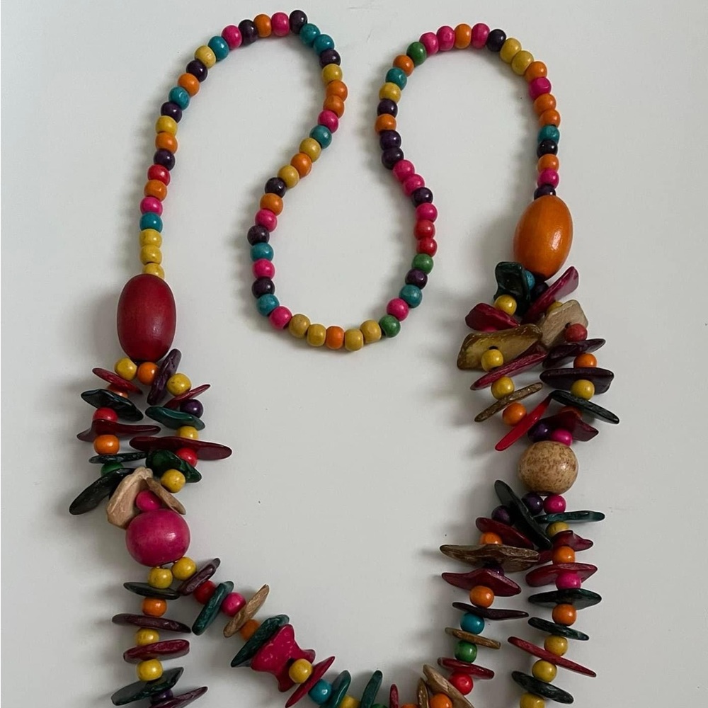 Gorgeous Necklace, Native Islands Vibe, Colorful Dyed Wood Beads, NWOT, 2 Strand - Picture 4 of 6
